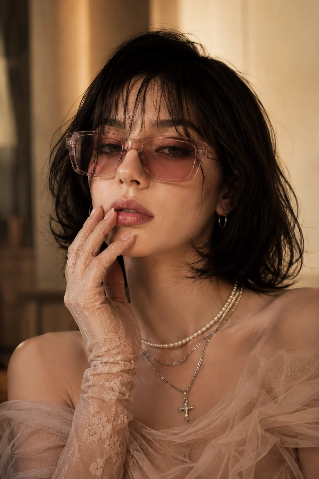 Editorial beauty portrait featuring translucent pink sunglasses, layered necklaces, and soft warm interior lighting.