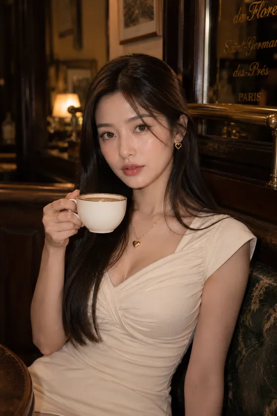 Editorial portrait inside a classic café with an ivory dress and coffee cup.