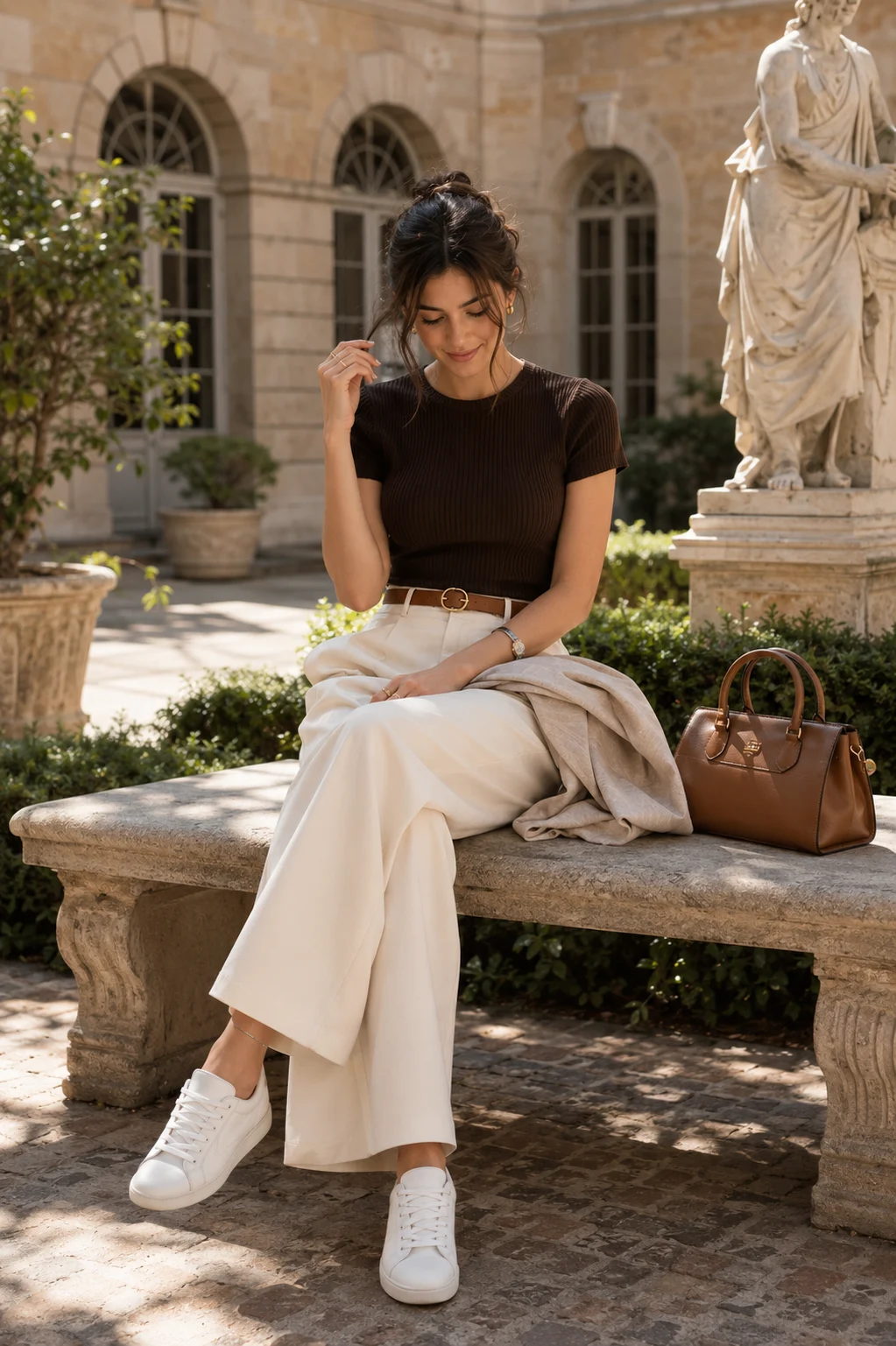 Luxury editorial portrait in a classical European courtyard with refined neutral fashion.