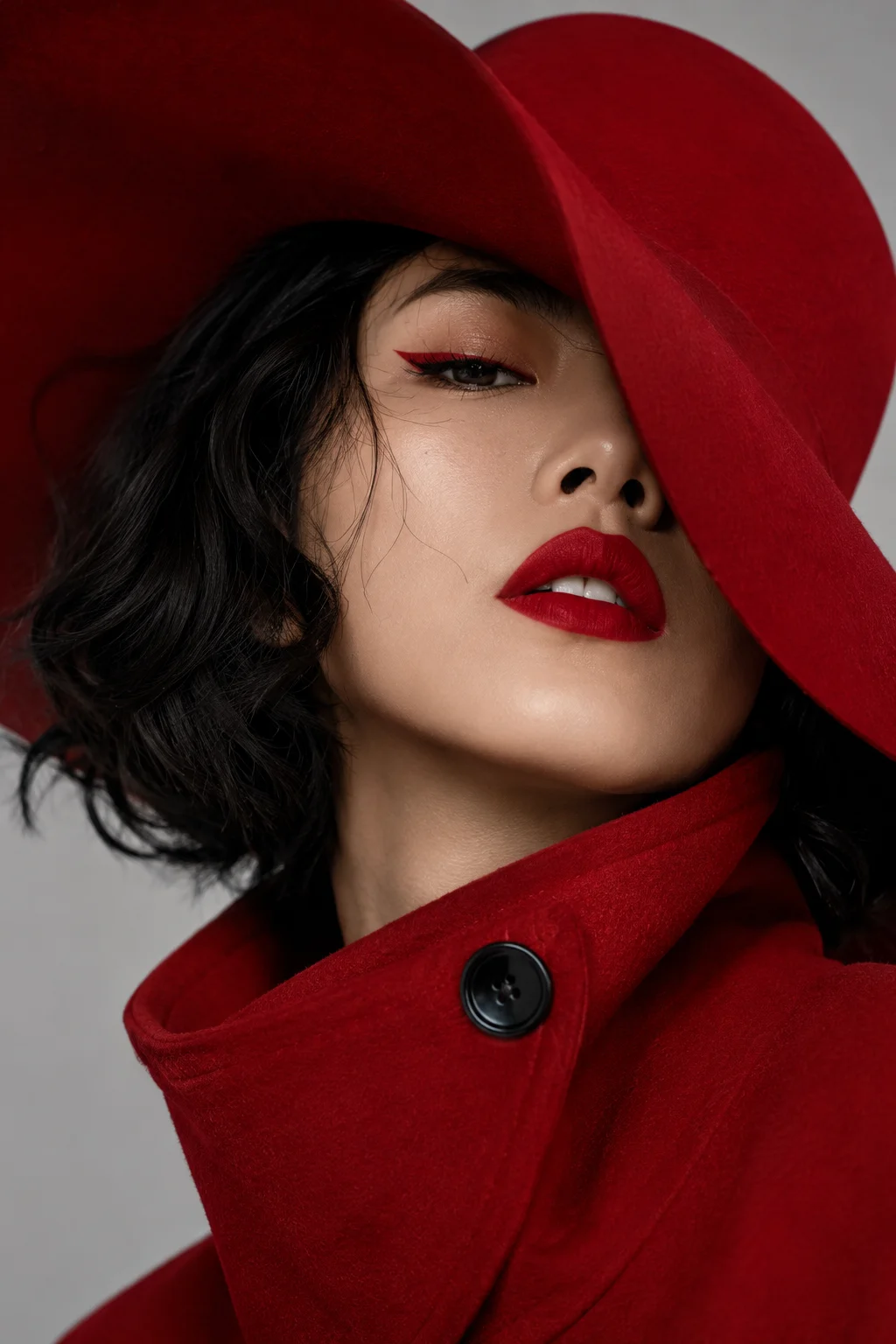 Luxury editorial portrait with bold crimson fashion styling, oversized hat, and studio lighting.