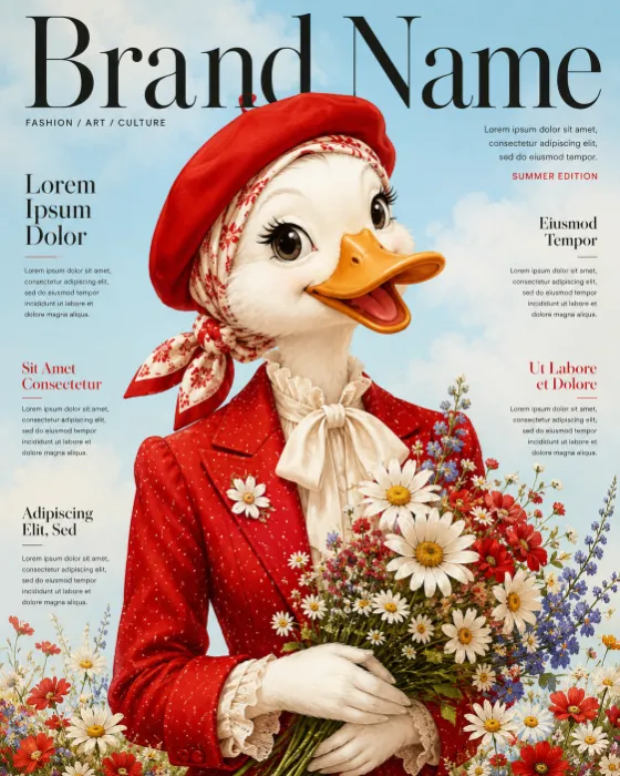 Anthropomorphic duck in red couture jacket holding flowers on an editorial magazine cover with pastel sky.