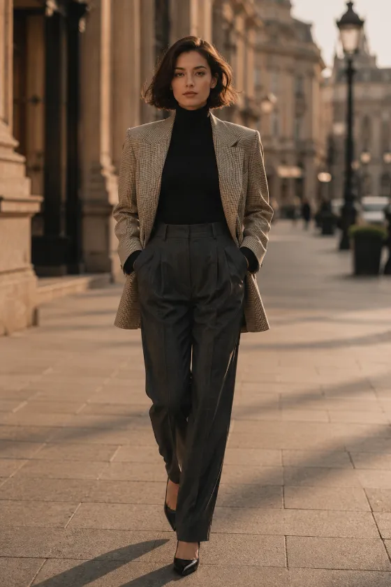 Editorial street fashion portrait with elegant tailoring and historic architecture.