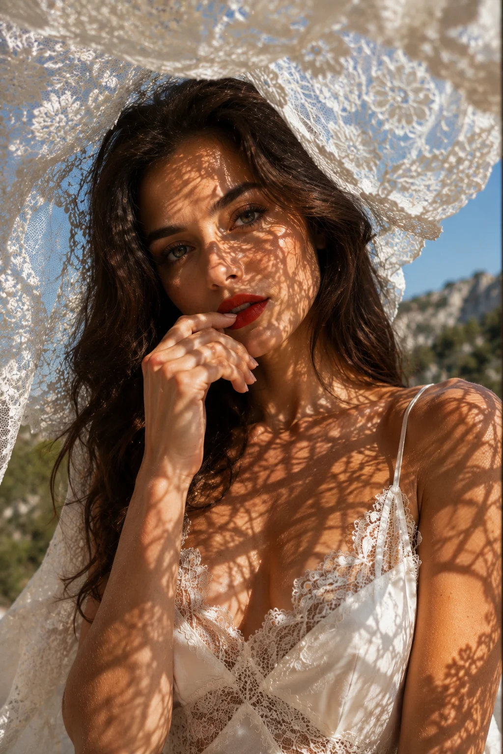 Editorial portrait beneath translucent lace with intricate sunlight shadows across the face and body.