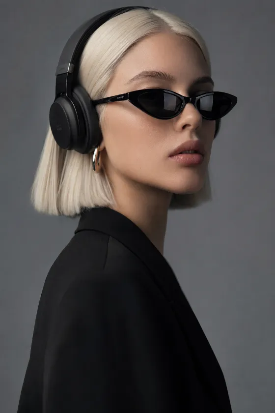 Close editorial portrait of a fashion subject wearing black, cat-eye sunglasses and a tailored blazer, with platinum blonde hair and soft studio lighting.