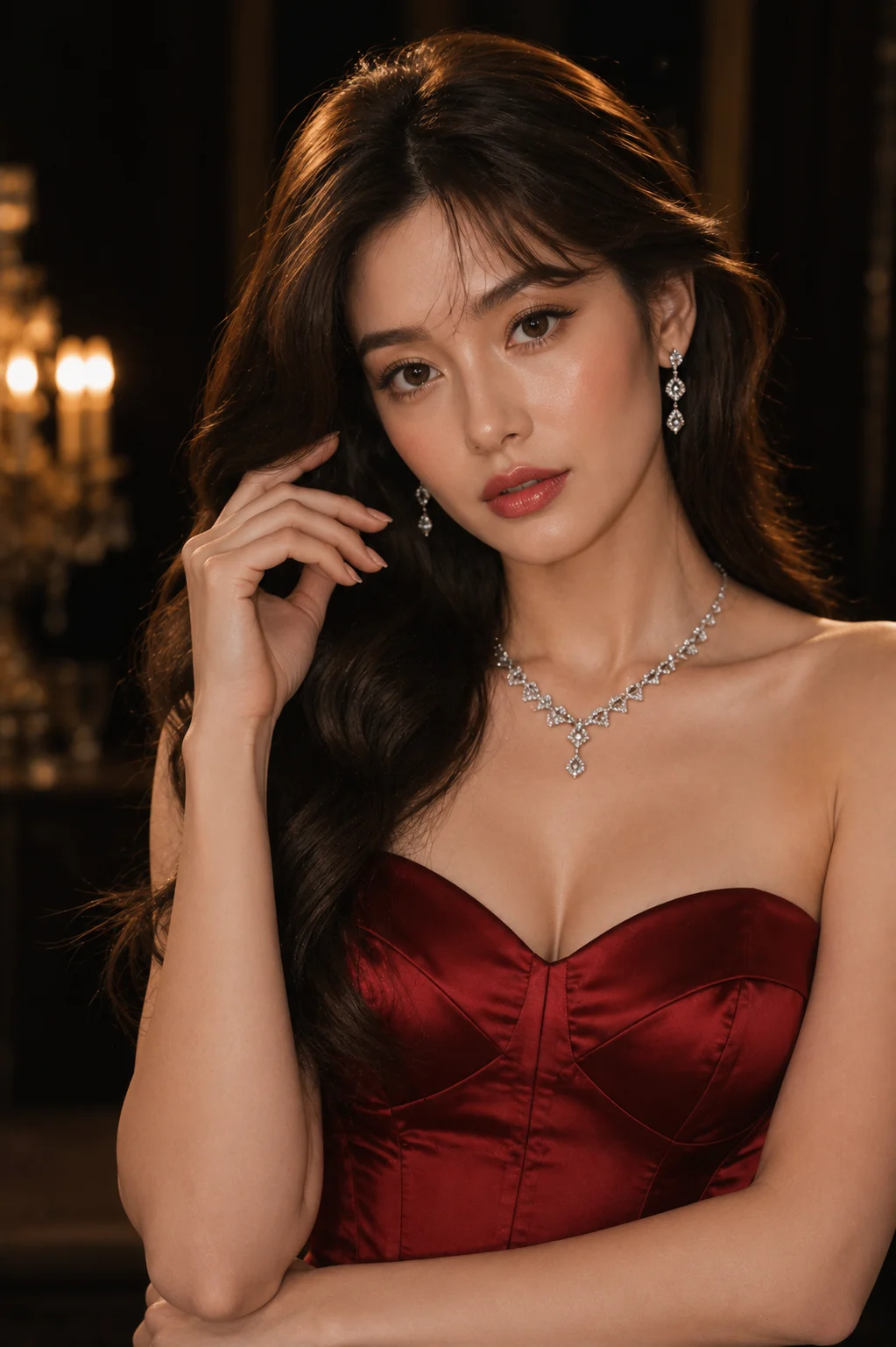 Luxury beauty portrait with ruby satin evening gown and diamond jewelry.