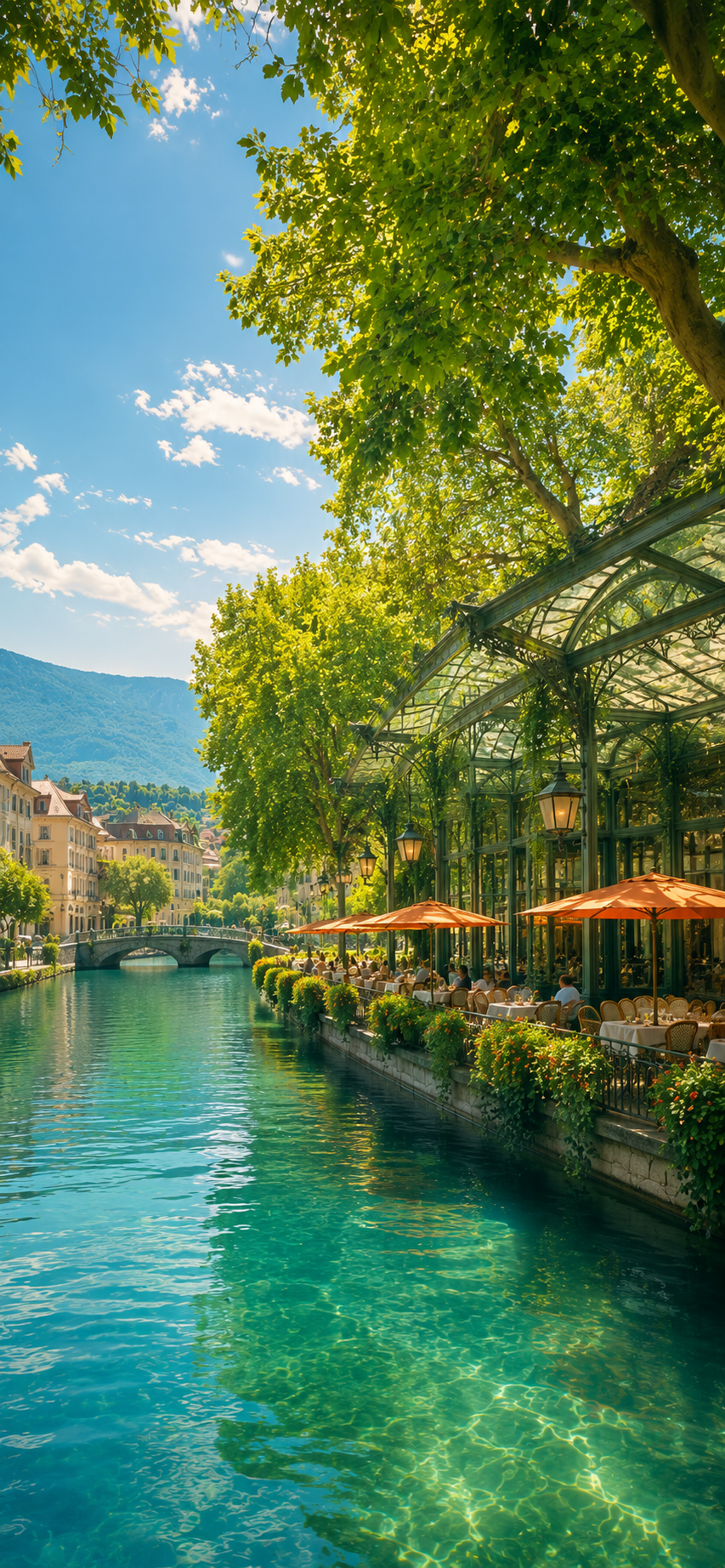 A tree-lined canal with turquoise water, café terraces, and elegant glass architecture under a sunny sky.