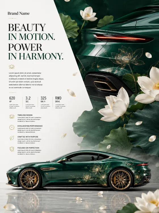 Luxury emerald grand tourer with lotus flowers and floating petals in a refined studio scene