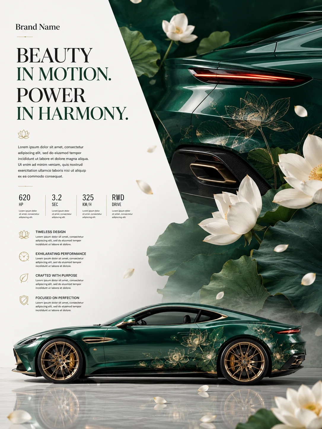 Luxury emerald grand tourer with lotus flowers and floating petals in a refined studio scene