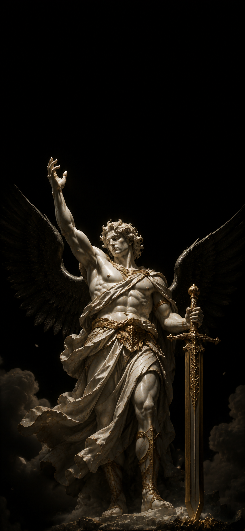 Original celestial guardian with black wings holding a golden ceremonial sword against a deep black background.
