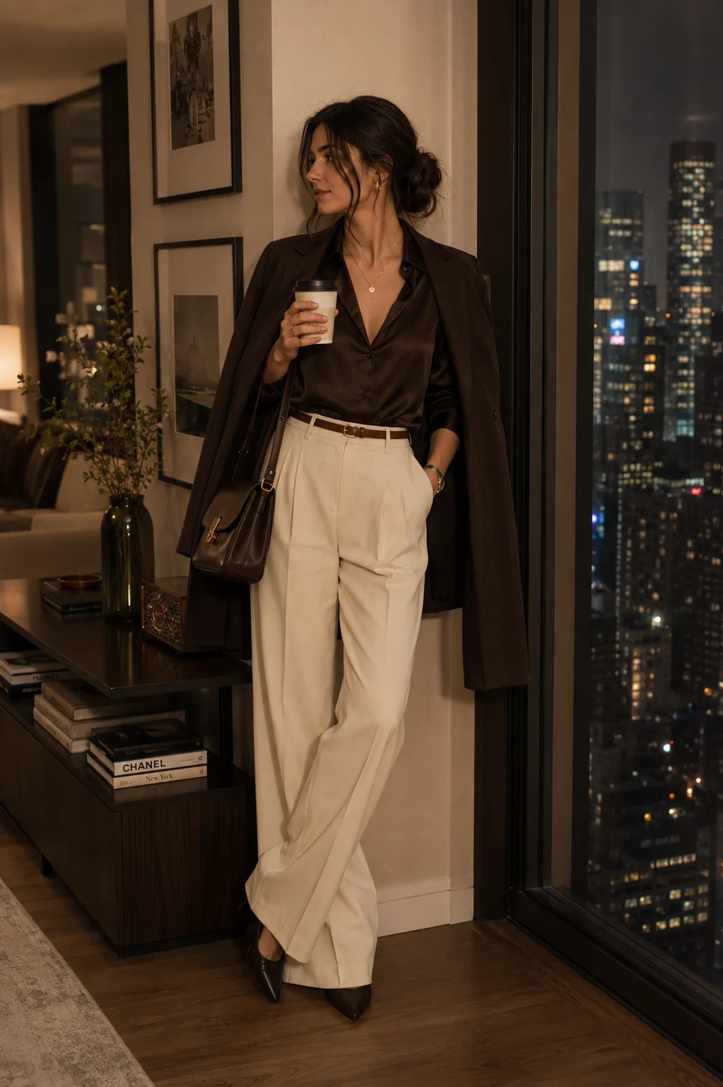 Fashion subject in espresso silk shirt and ivory tailored trousers standing in a luxury apartment at night, holding a near a window with city skyline view.