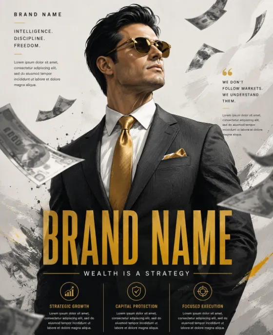 Stylized executive portrait with gold tie and floating paper elements on warm gray background