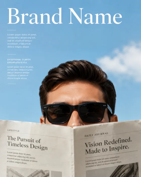 Editorial portrait of a model wearing luxury sunglasses while reading a newspaper beneath a blue sky.