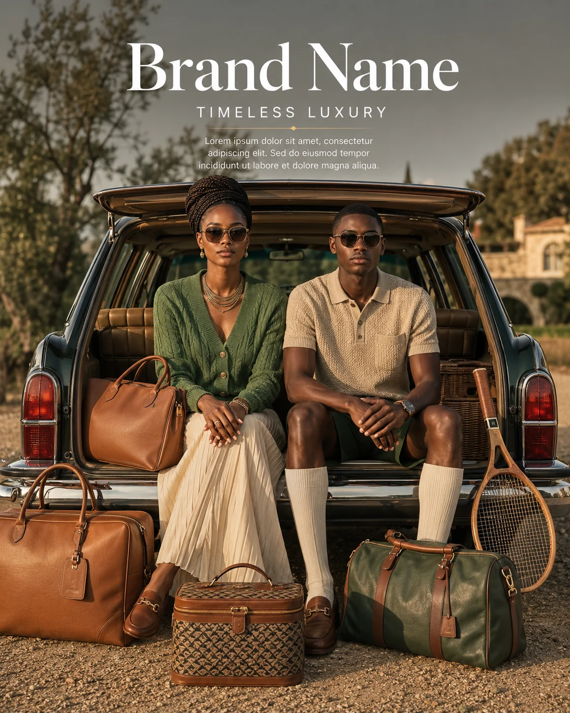 Two models in luxury knitwear with travel accessories in vintage station wagon.