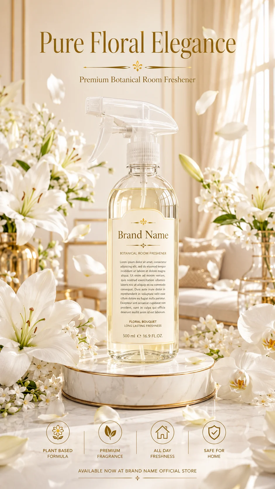 Premium floral room freshener bottle on marble pedestal surrounded by white flowers in elegant home setting.