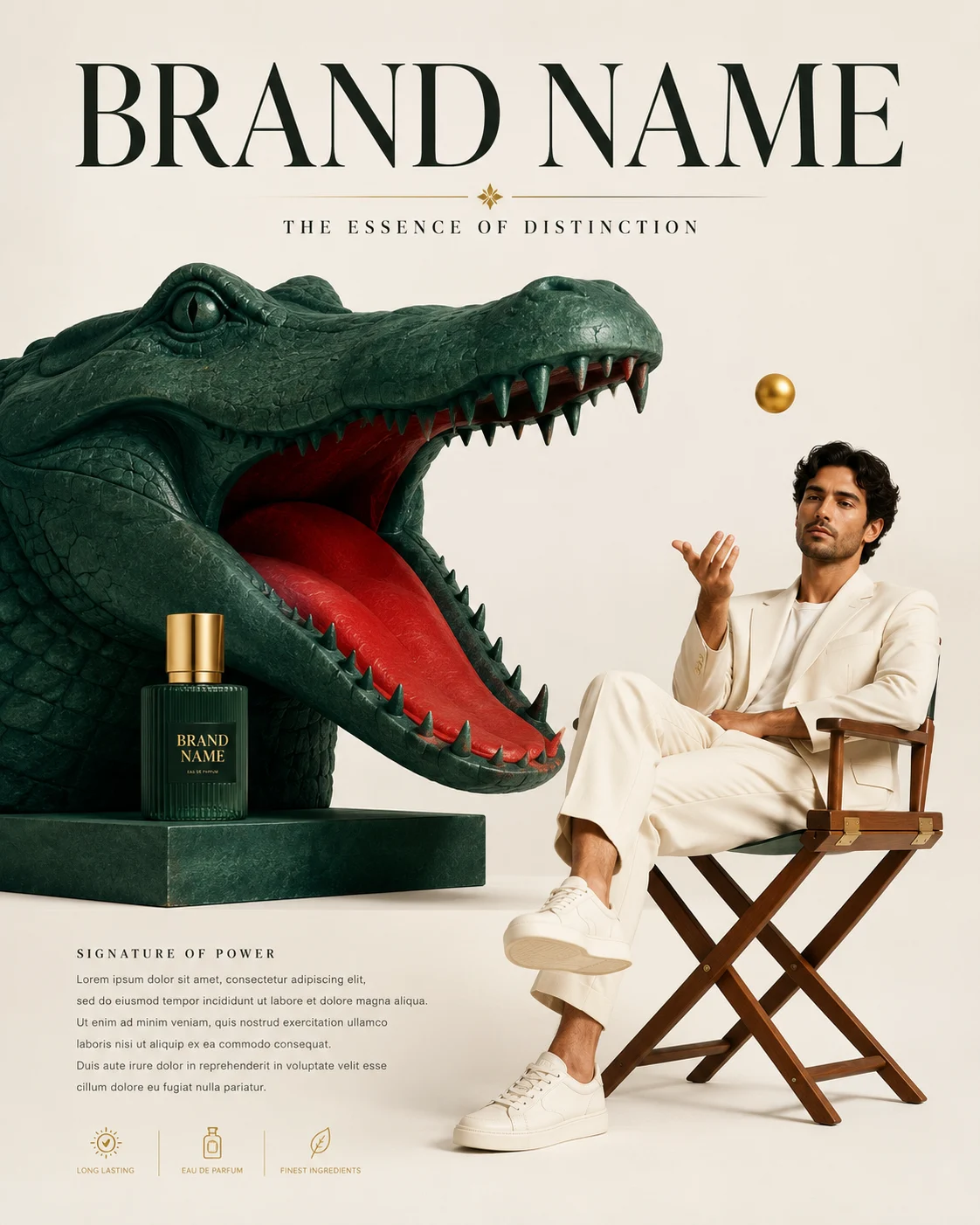 Seated male model in ivory suit tosses a golden sphere beside a large green sculptural crocodile head in a luxury fragrance editorial.