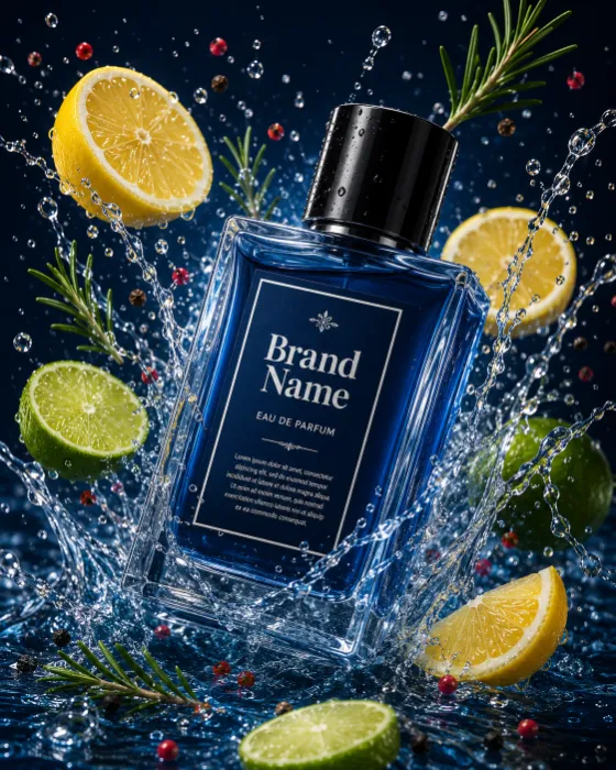 Premium fragrance bottle captured in frozen splash photography with citrus and botanical ingredients.