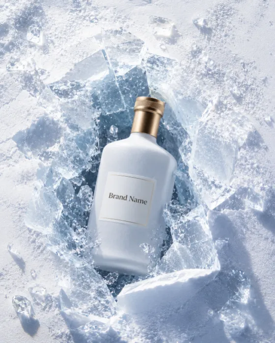 Premium frosted spirits bottle emerging from broken glacier ice in a luxury commercial campaign.