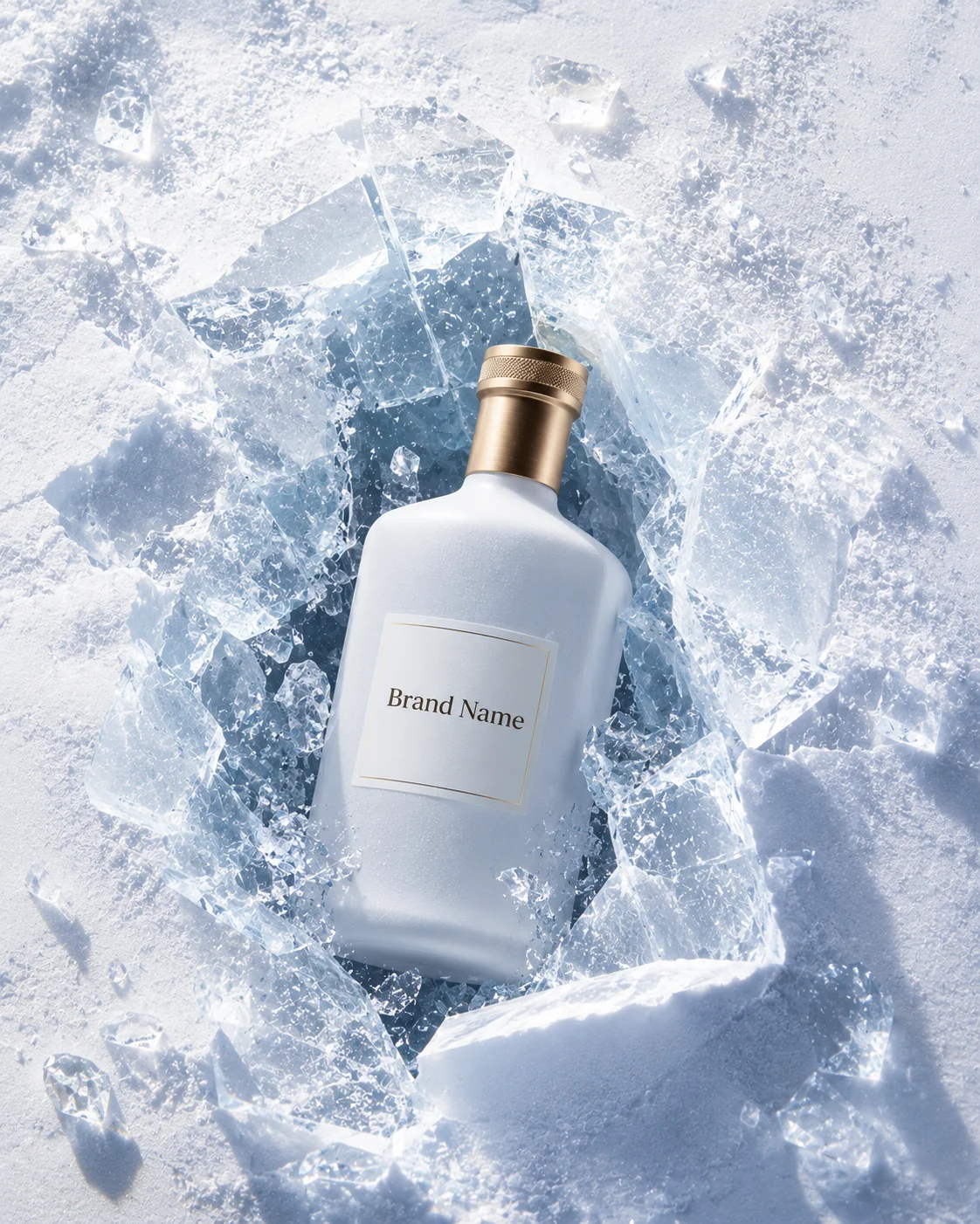 Premium frosted spirits bottle emerging from broken glacier ice in a luxury commercial campaign.