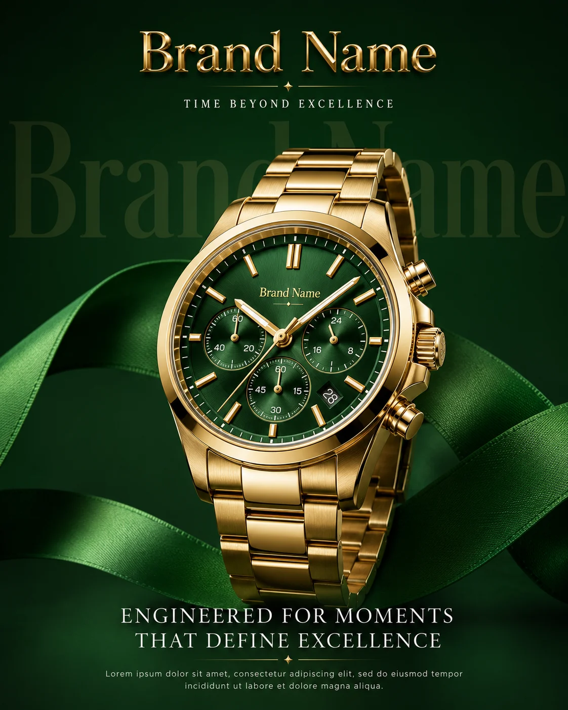 Premium gold chronograph wristwatch with emerald green sunburst dial and polished bracelet in a luxury studio campaign