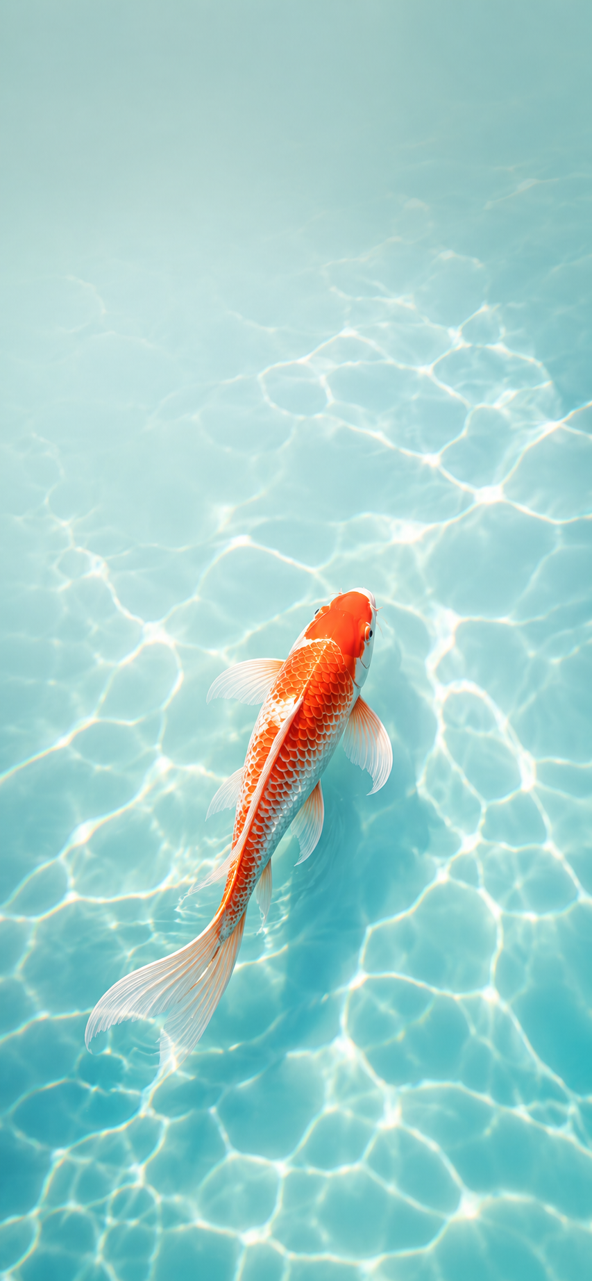 A single orange koi fish swimming beneath clear water with soft rippling reflections.