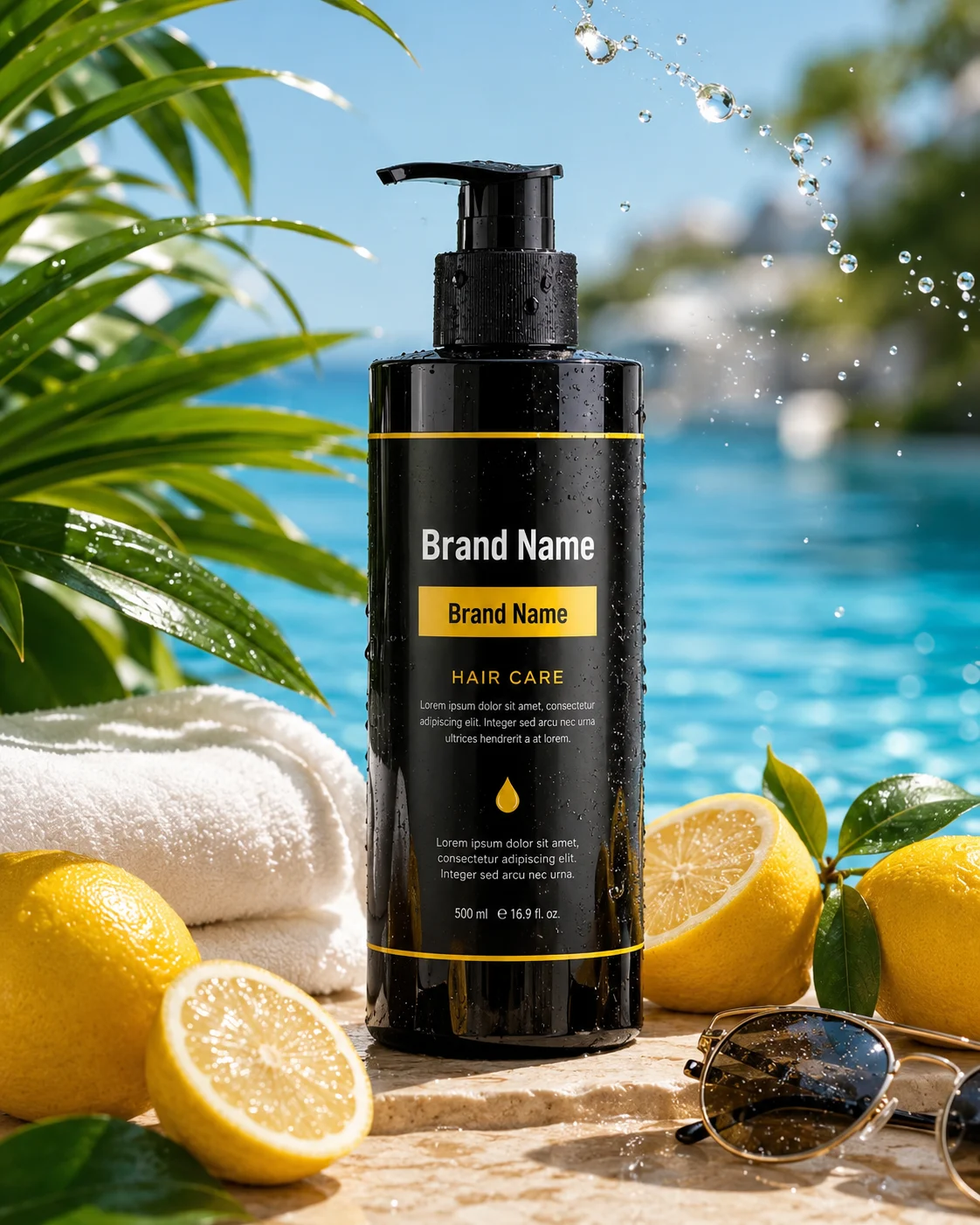 Luxury cosmetic bottle photographed beside a swimming pool with lemons and tropical leaves.