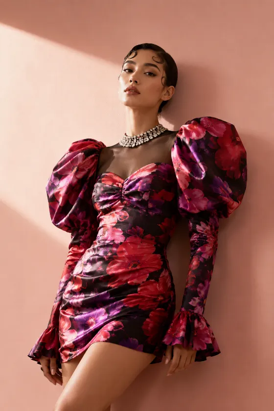 Editorial couture portrait with floral satin dress and dramatic puff sleeves.