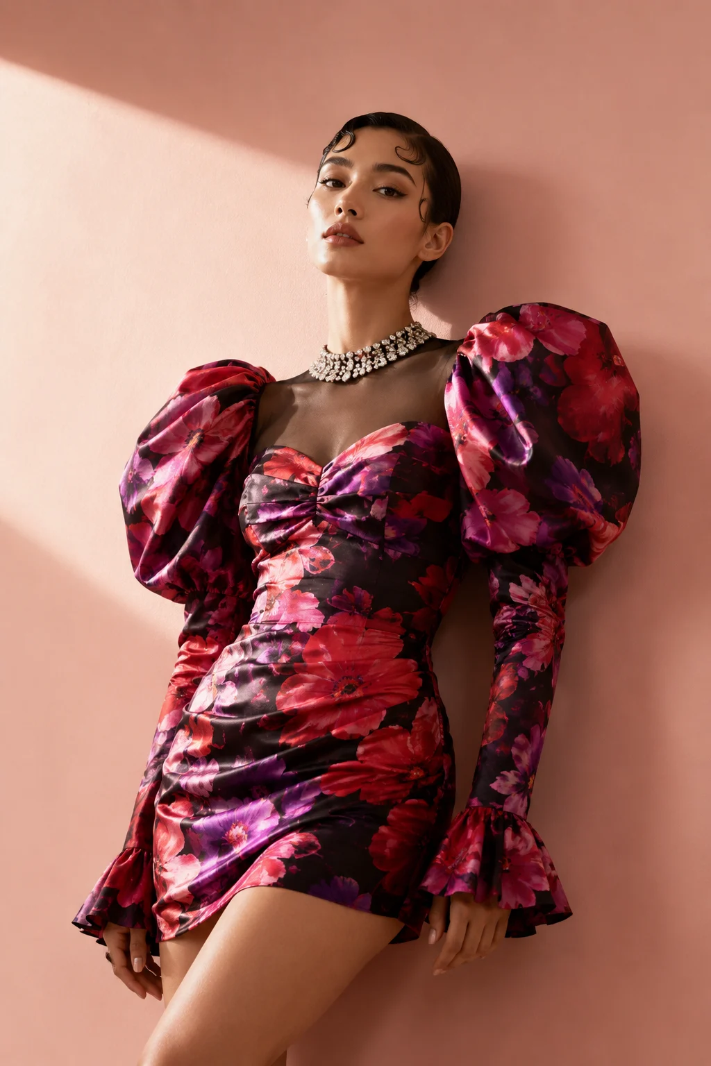 Editorial couture portrait with floral satin dress and dramatic puff sleeves.