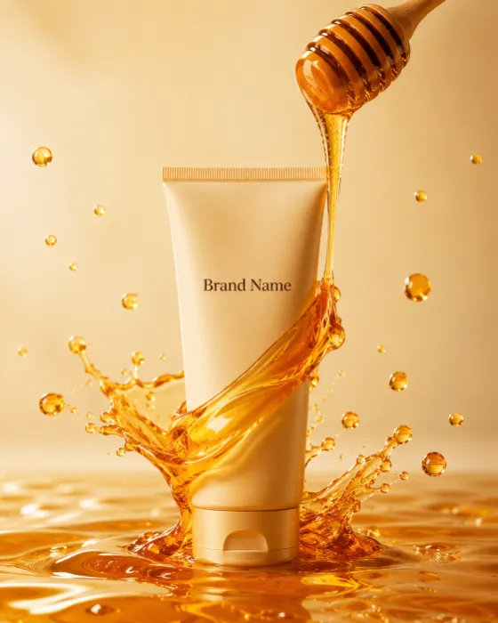 Premium skincare cosmetic tube with dramatic honey splash and minimalist luxury studio background.