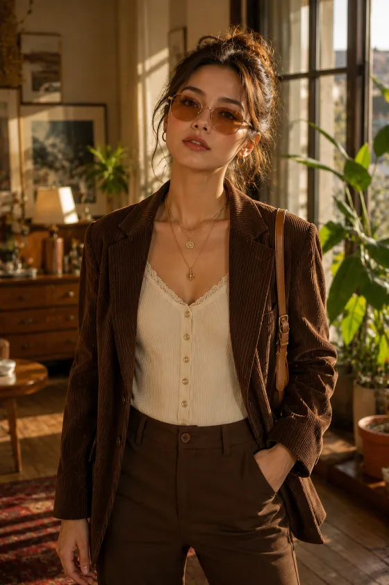 Indoor editorial fashion portrait with warm golden sunlight and vintage-inspired styling.
