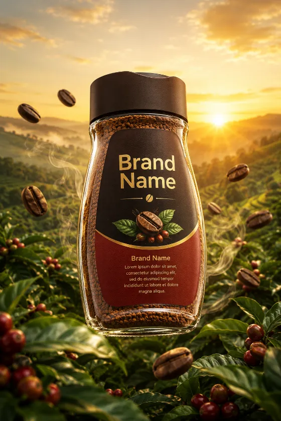 Premium instant coffee jar floating above a sunrise coffee plantation with roasted beans and steam.