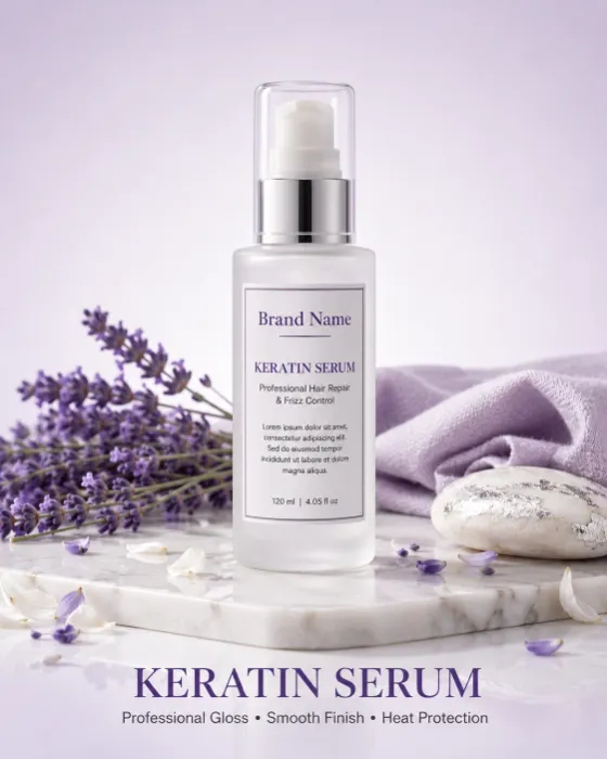 Frosted glass keratin serum bottle with lavender on marble in a soft purple studio setting.