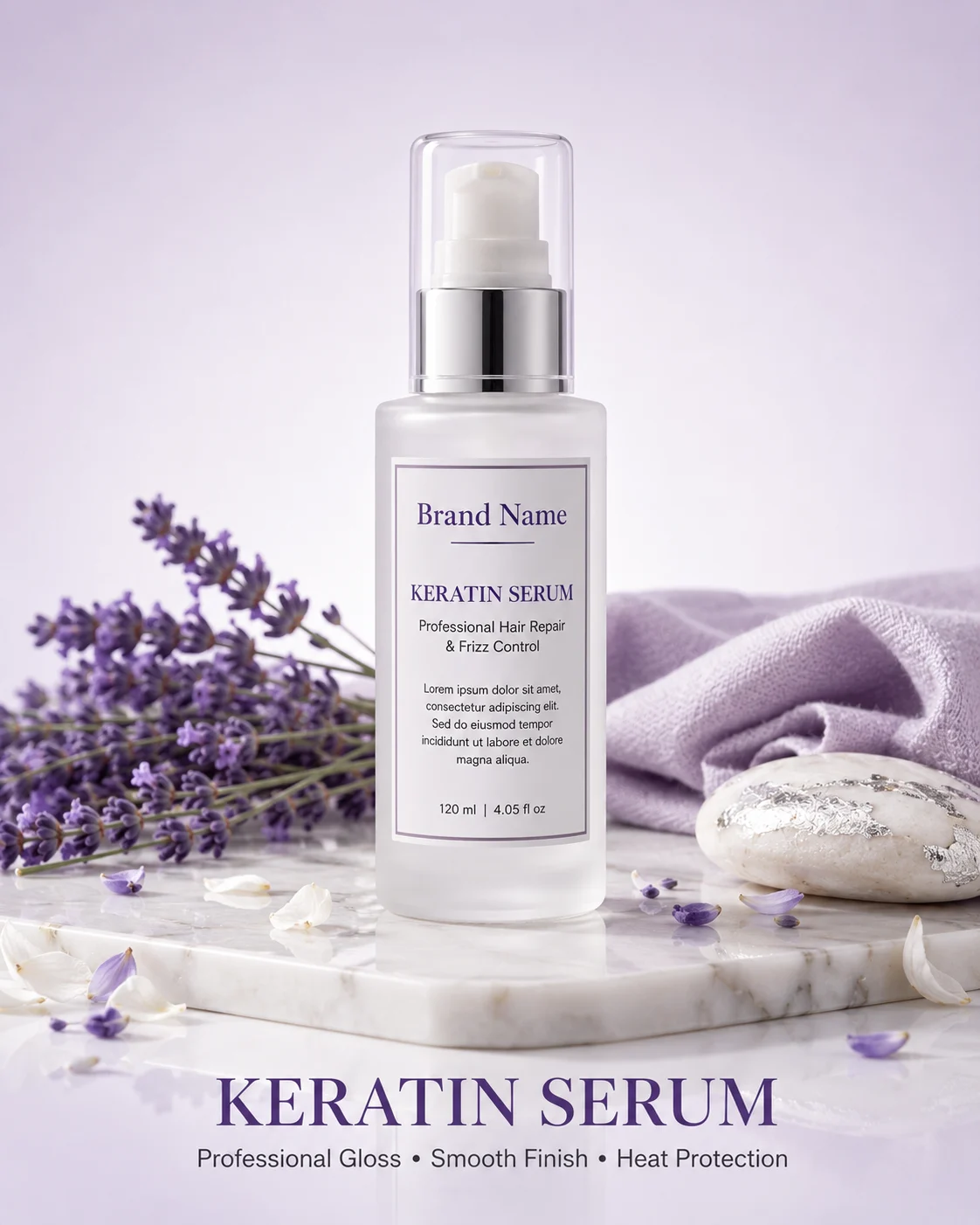 Frosted glass keratin serum bottle with lavender on marble in a soft purple studio setting.