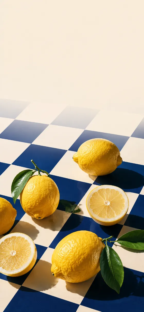 Bright yellow lemons arranged on a navy and cream checkerboard surface with strong studio shadows.