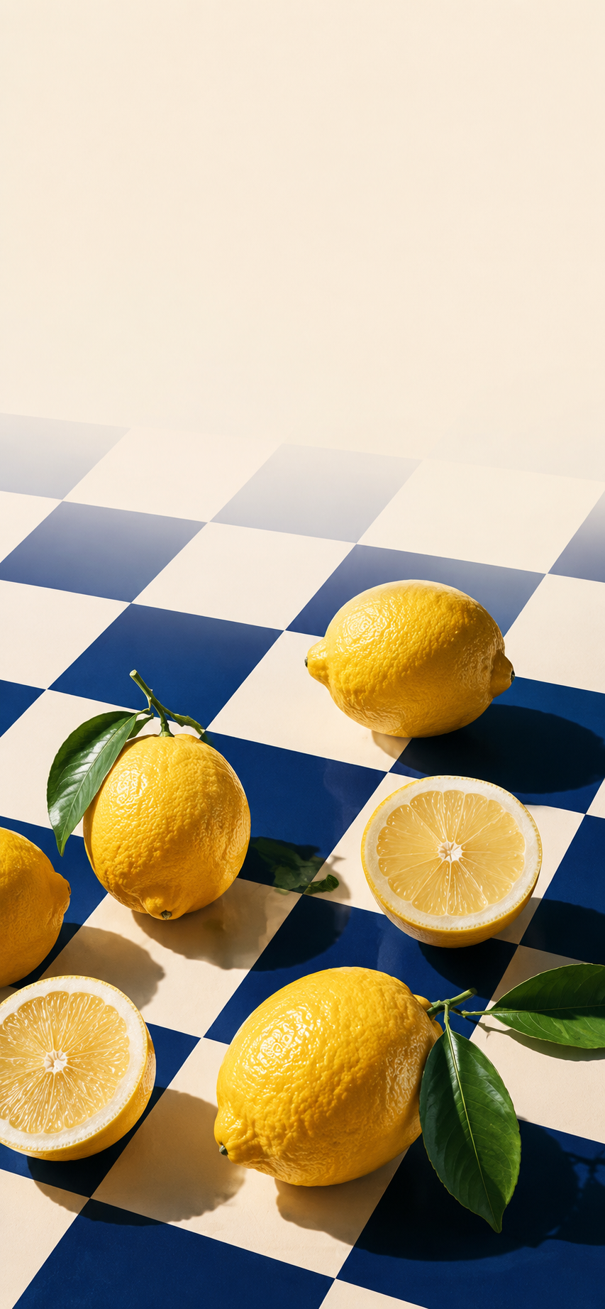 Bright yellow lemons arranged on a navy and cream checkerboard surface with strong studio shadows.