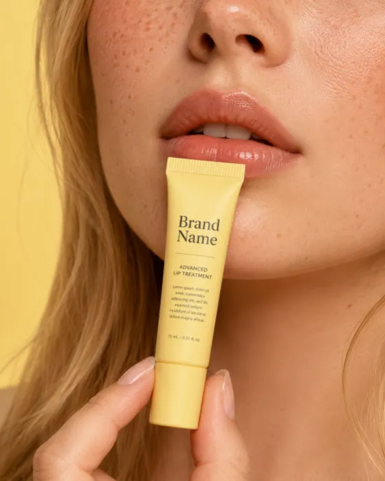 A luxury lip treatment tube held against naturally hydrated lips with visible freckles and skin texture in a macro beauty close-up.