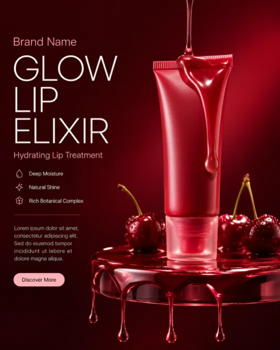 Luxury lip treatment product with glossy ruby serum and premium cosmetic styling.