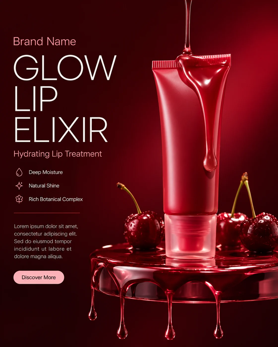 Luxury lip treatment product with glossy ruby serum and premium cosmetic styling.
