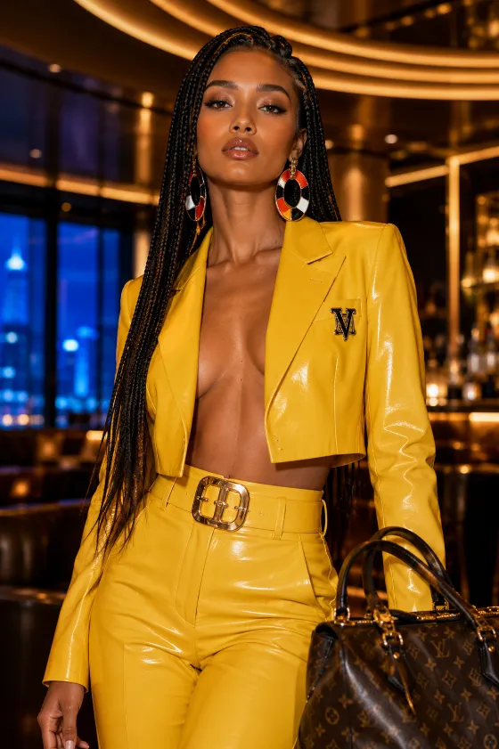 Vertical editorial fashion image of a young Afro-Caribbean woman in glossy yellow tailoring posed in a luxury lounge interior.