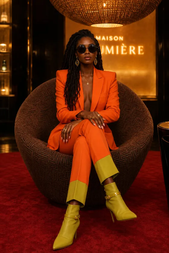 Full-body editorial image of a stylish woman in an orange suit and chartreuse heels seated in a warm luxury lounge interior.