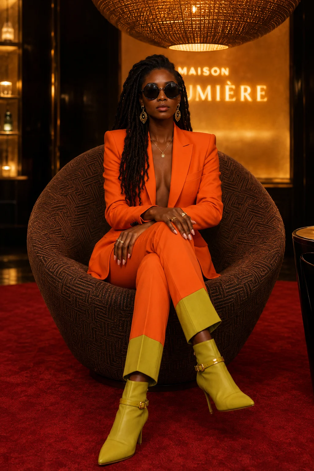 Full-body editorial image of a stylish woman in an orange suit and chartreuse heels seated in a warm luxury lounge interior.