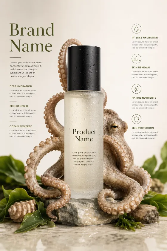 A frosted glass skincare bottle with a matte black cap, elegantly wrapped by an octopus and surrounded by green leaves in a bright studio.