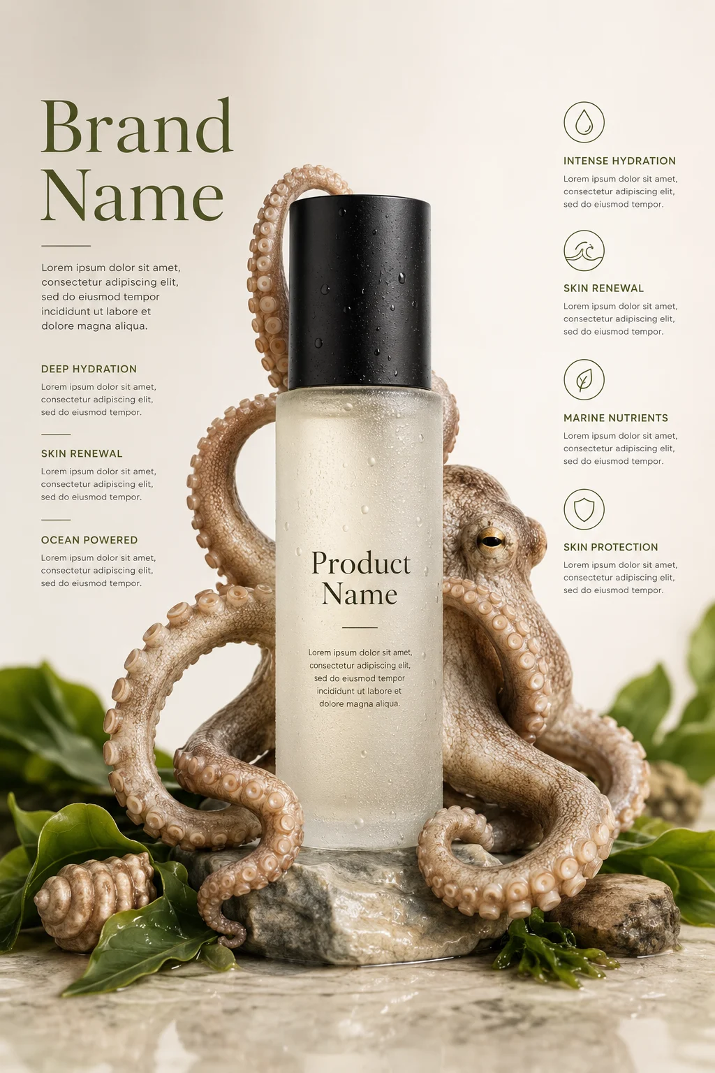 A frosted glass skincare bottle with a matte black cap, elegantly wrapped by an octopus and surrounded by green leaves in a bright studio.