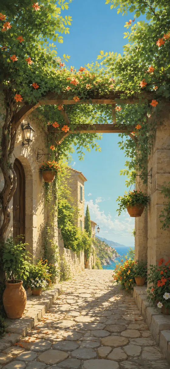 Sunlit Mediterranean stone alley with lush green vines, flowering plants, and a cobblestone path.