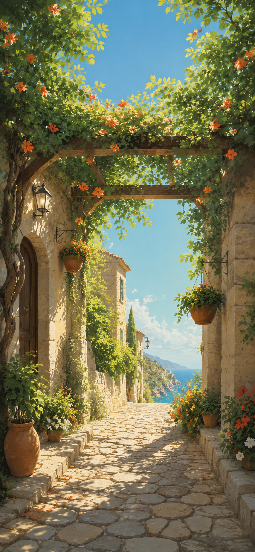 Sunlit Mediterranean stone alley with lush green vines, flowering plants, and a cobblestone path.