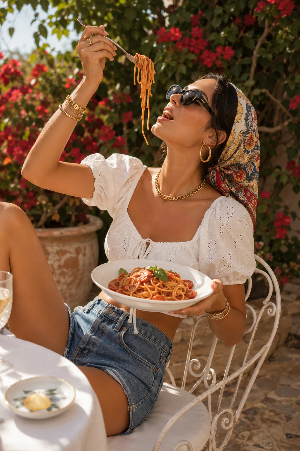 Sunlit Mediterranean garden editorial portrait of a woman in a white broderie blouse and silk scarf holding a plate of spaghetti.