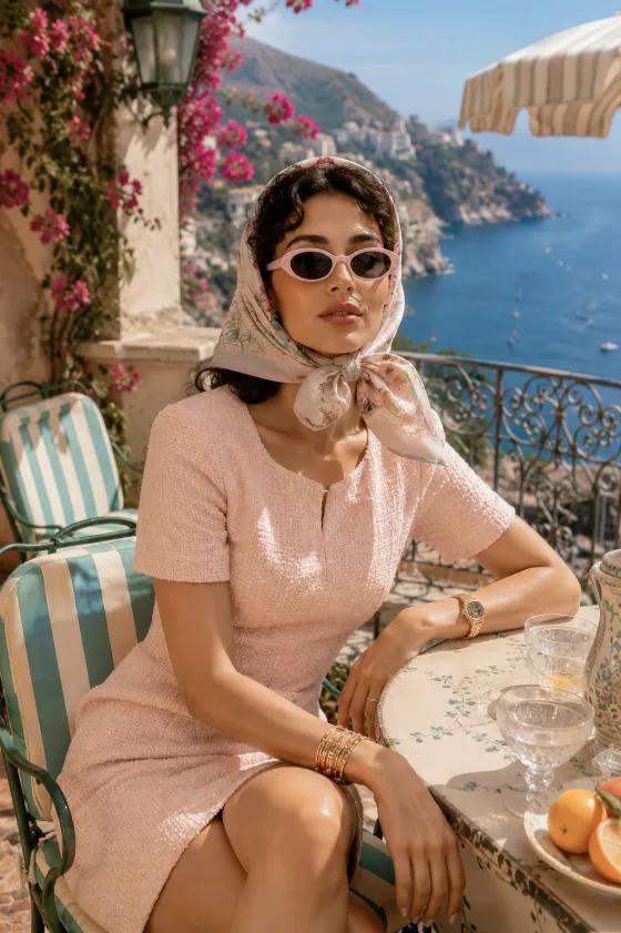 Luxury editorial portrait of a fashion subject seated at a Mediterranean seaside terrace wearing a blush, floral silk scarf, and pink sunglasses, overlooking the sea with bougainvillea and a striped parasol.