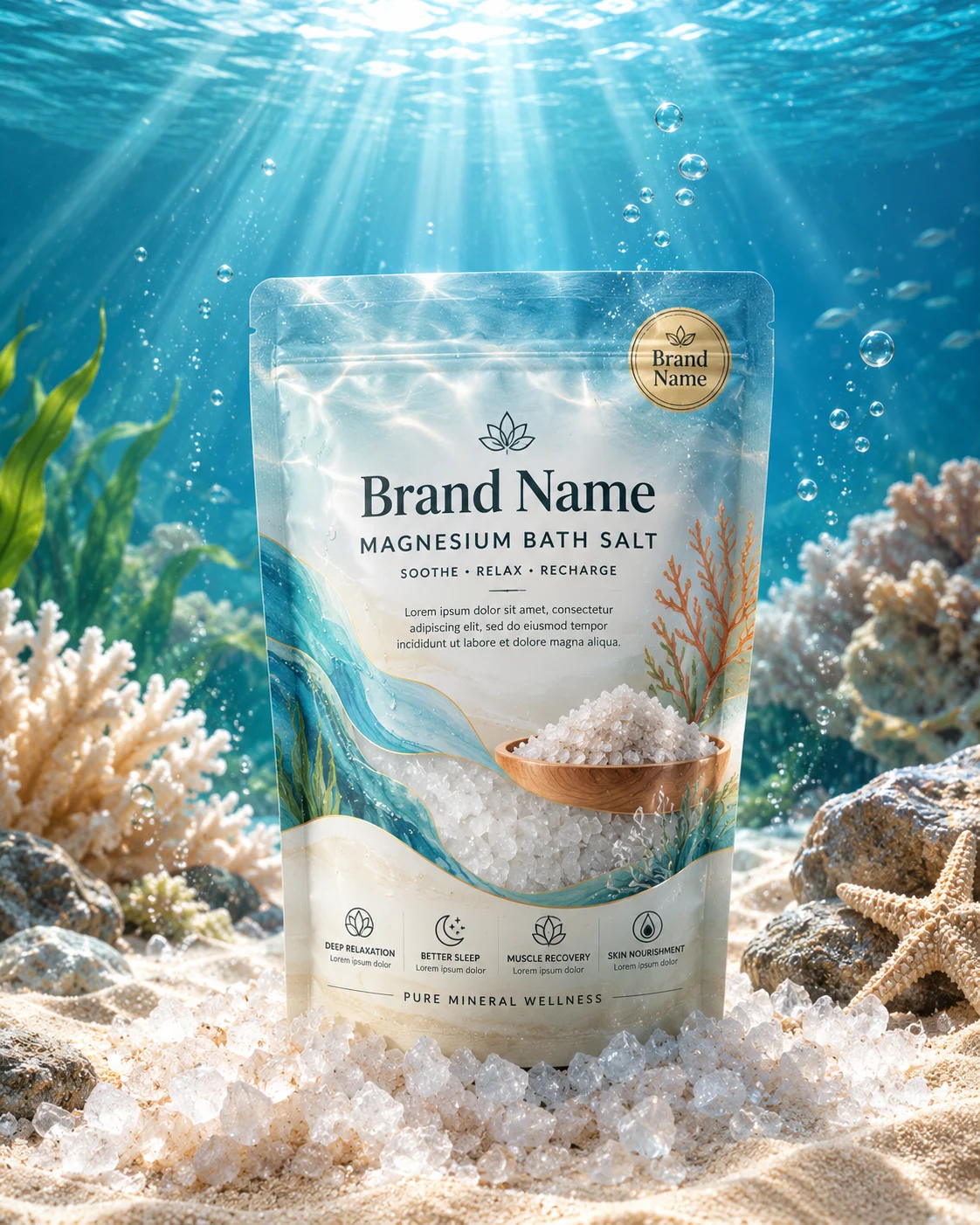 A stand-up pouch of bath salts on a sandy seabed underwater with crystals and sunlight.