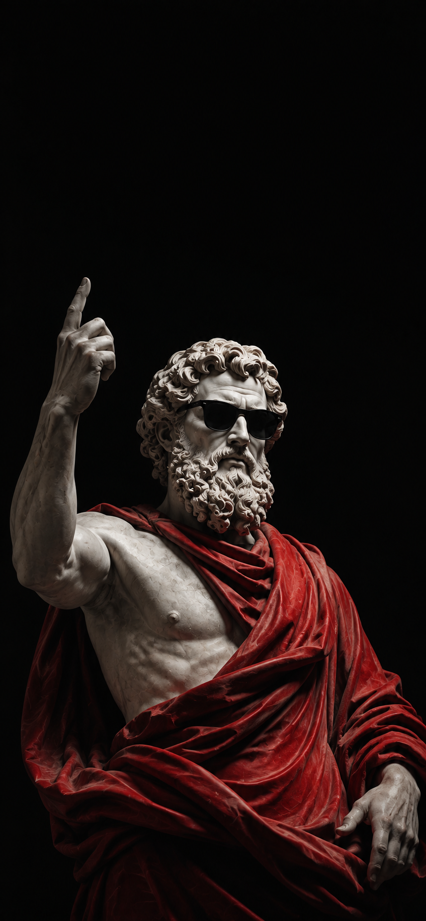 Classical marble philosopher statue wearing dark sunglasses and a crimson robe on a black background.