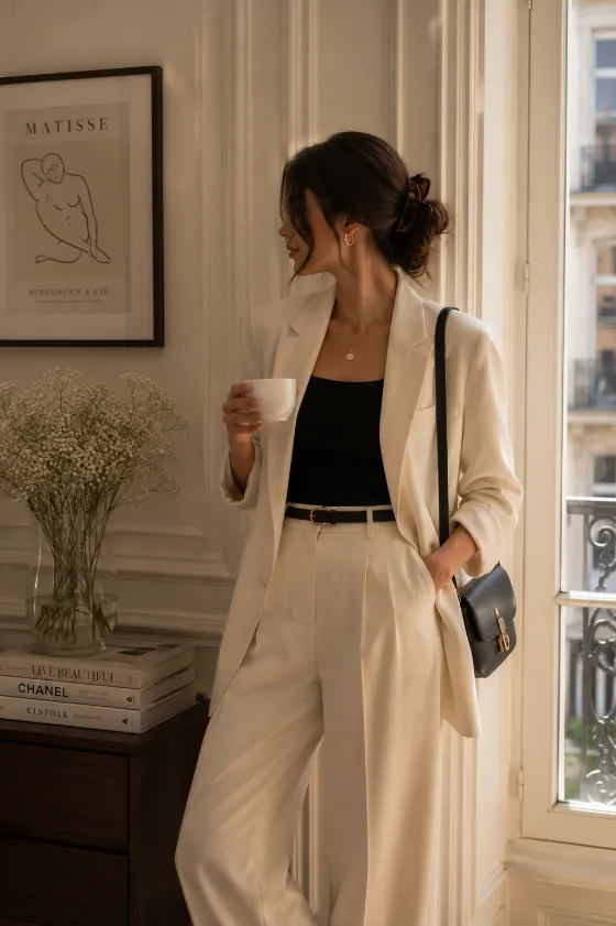 Minimal luxury editorial portrait with soft morning window light and tailored neutral fashion.