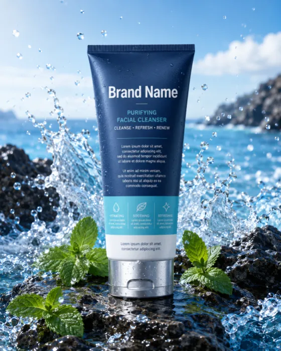 skincare cleanser tube on wet rocks with ocean water splashes and mint leaves.